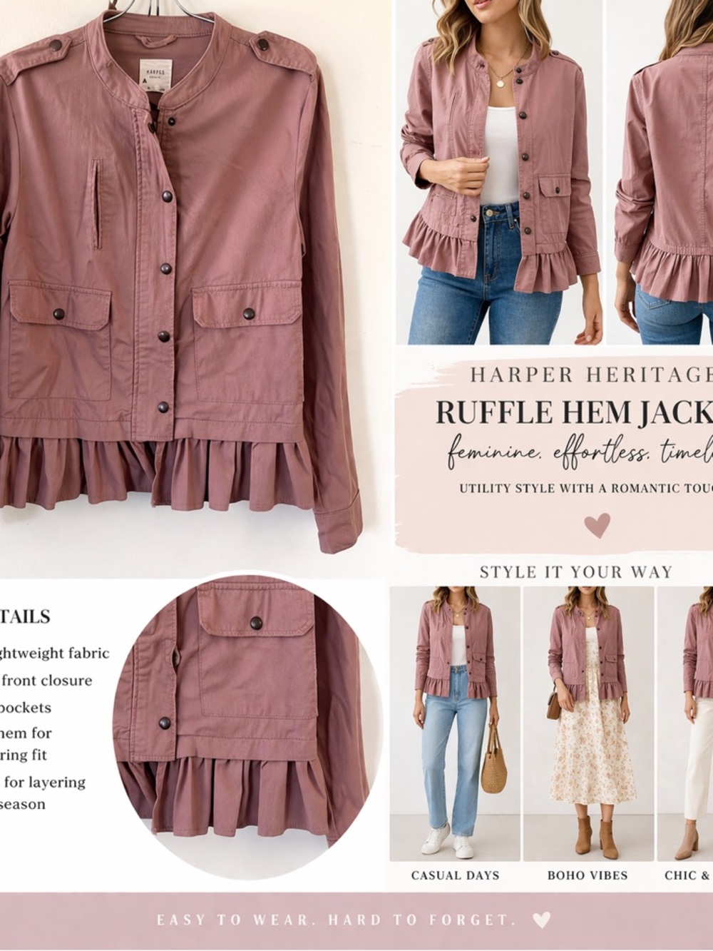 Harper Heritage Ruffle Hem Jacket Womens Medium Pink Utility Button Front